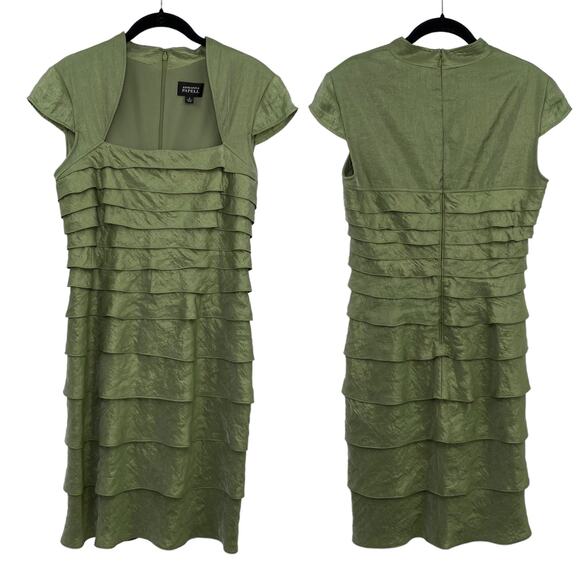 Adrianna Papell Cocktail Dress Shutter Pleat Cap Sleeve Knee Length Chartreuse 6 - Picture 1 of 8